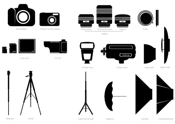 Abstract vector silhouettes of photographic accessories — Stock Vector