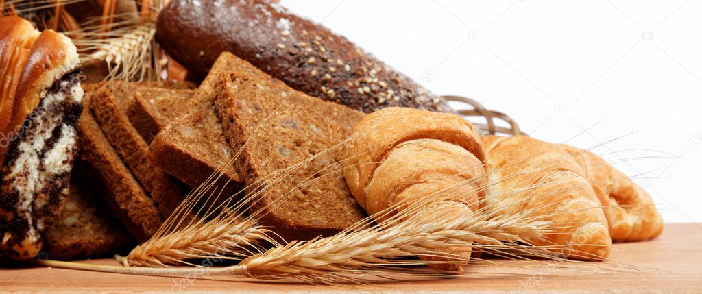 Large variety of bread, still life isolate on white background