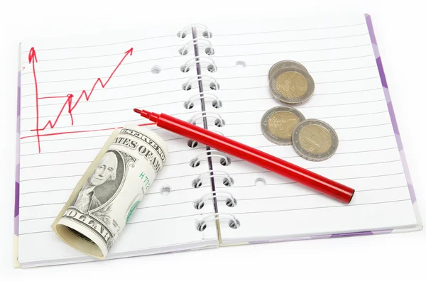 Bloco de notas no horário, caneta vermelha, dinheiro, em um fundo branco . — Fotografia de Stock