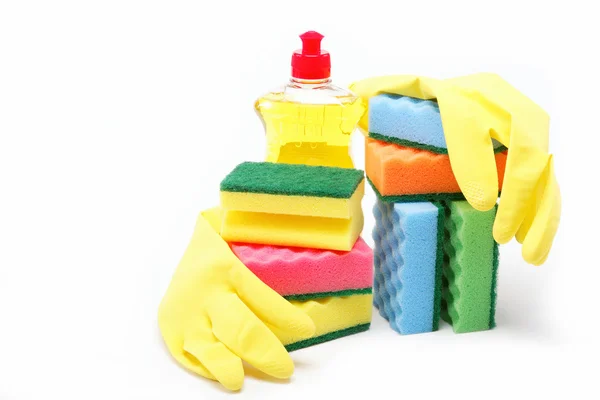 Detergent bottle, rubber gloves and cleaning sponge on a white b — Stock Photo, Image