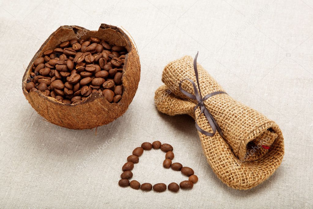 The heart of the coffee beans in a linen cloth.