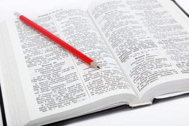 Açık kitap / İncil'de ve kalem üzerinde beyaz arka plan.