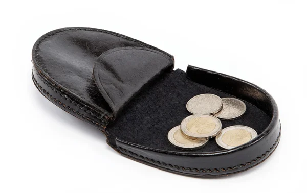 Black purse with metal coins on white background. — Stock Photo, Image