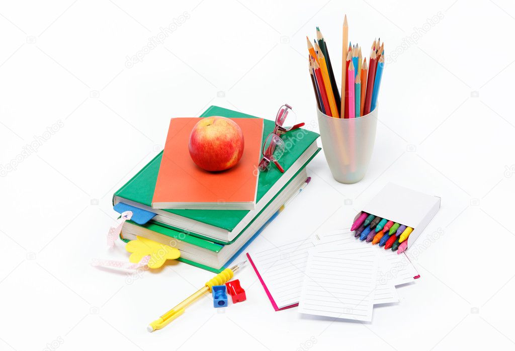 School supplies: books, notebook, pens, pencils, glasses, an app