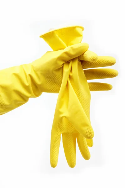 Woman's hand in a rubber glove on a white background. — Stock Photo, Image