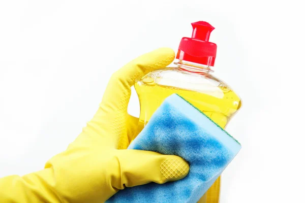 Ręce rękawice gumowe z butelką detergentu i gąbka na — Zdjęcie stockowe