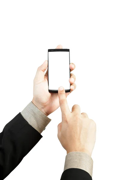 Hand som håller och touch smart telefon — Stockfoto