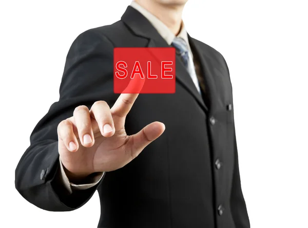 Biznesmen ręcznie naciskając przycisk sprzedaż — Zdjęcie stockowe