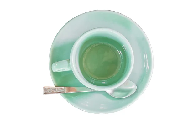 Koffie kopje groene kleur op witte achtergrond, bovenaanzicht — Stockfoto