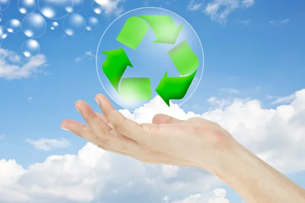 Recycling-Logo-Konzept und Hand — Stockfoto