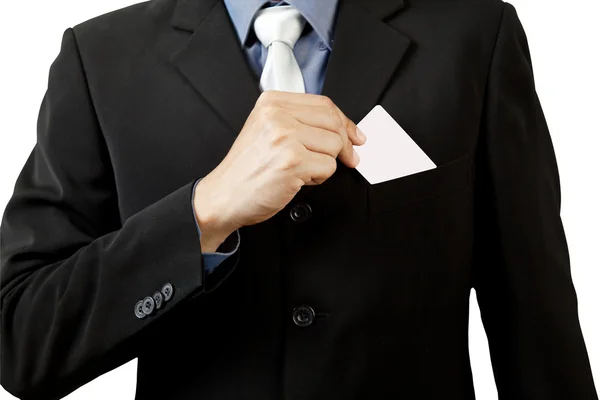 Business man holding blank business card isolated on white — Stock Photo, Image