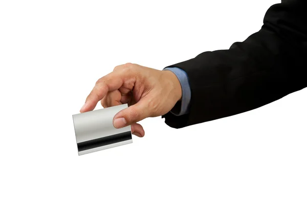 Бізнесмен і рука з прокладкою кредитної картки — стокове фото