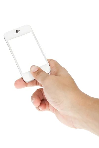 Mão segurando e toque telefone inteligente com tela em branco — Fotografia de Stock