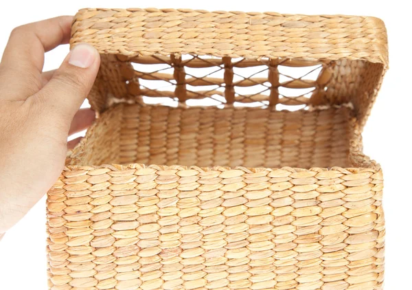 Hand open wicker basket isolated on white background — Stock Photo, Image