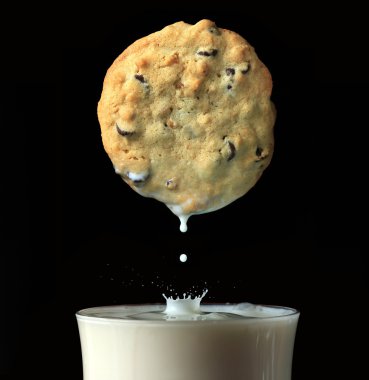 Fresh baked chocolate chip cookie being dipped into a fresh glass of milk