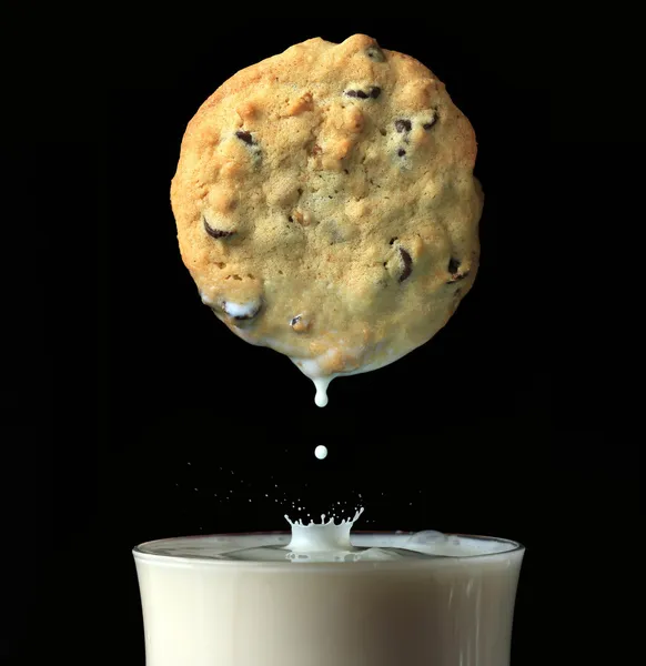 stock image Fresh baked chocolate chip cookie being dipped into a fresh glass of milk