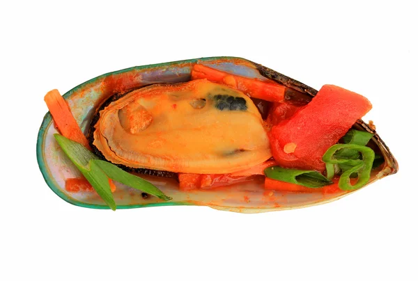 stock image Yummy mussel with green onion and tomato