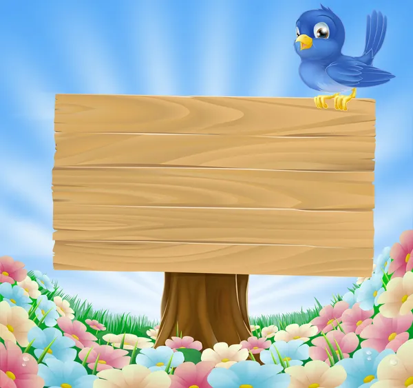 Bluebird assis sur un panneau en bois avec des fleurs — Image vectorielle