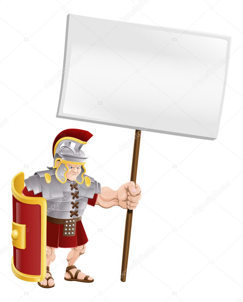 Tough Roman soldier holding sign board