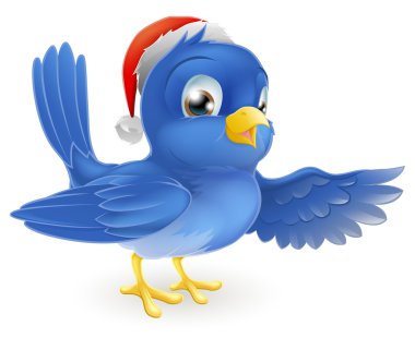Noel Noel Baba şapkası işaret eden mavi kuş