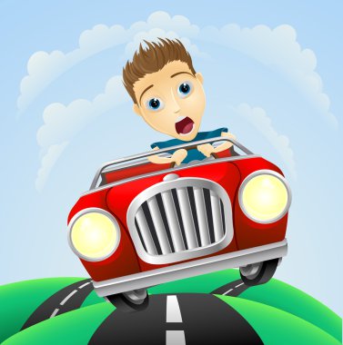 Young man driving fast classic car clipart