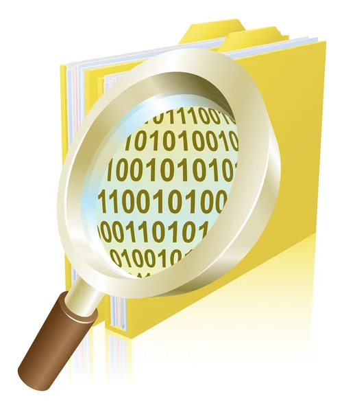 Magnifying glass binary data file folder concept — Stock Vector