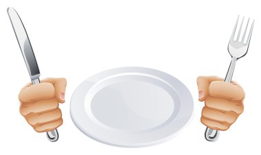 Plate and hands holding cutlery clipart