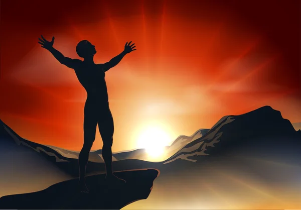 Человек на вершине горы с поднятыми руками — стоковый вектор