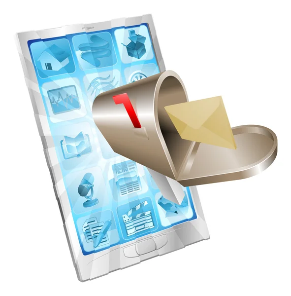 Lettera casella di posta volando fuori dallo schermo del telefono concetto — Vettoriale Stock
