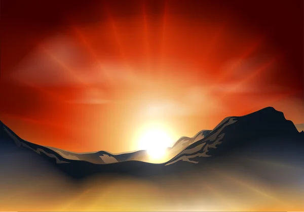 Soluppgång eller solnedgång över en bergskedja — Stock vektor