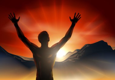 Man in silhouette arms raised on mountain clipart
