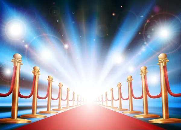 Grand entrance with red carpet and flash lights — Stock Vector