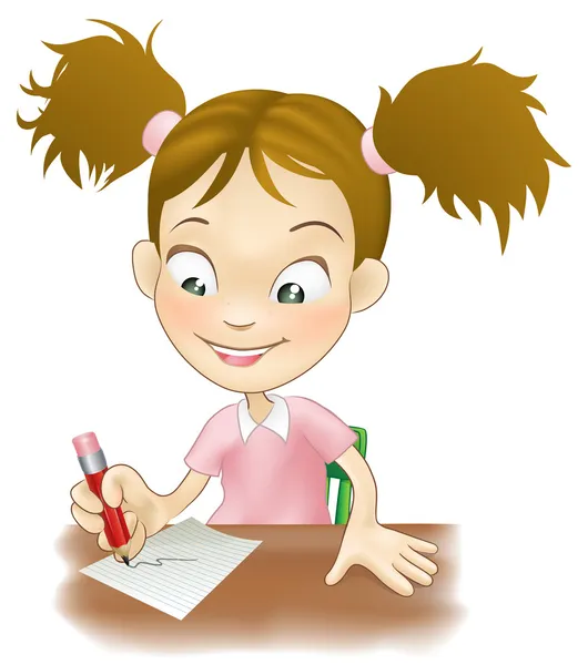 Junges Mädchen schreibt an ihrem Schreibtisch — Stockvektor