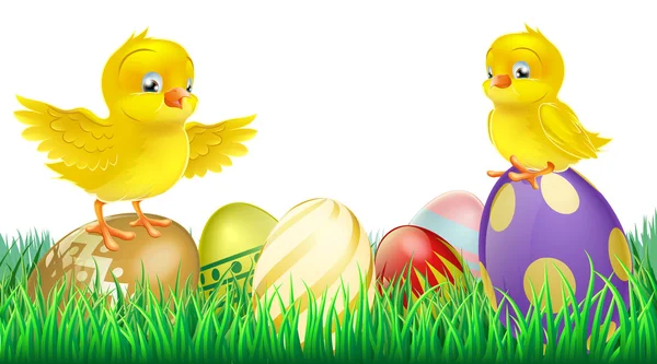 Lindos polluelos amarillos en huevos de Pascua — Vector de stock