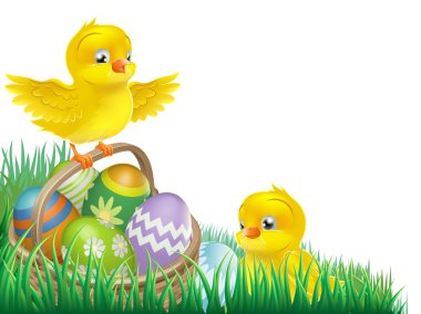 Easter chicks and egg basket clipart