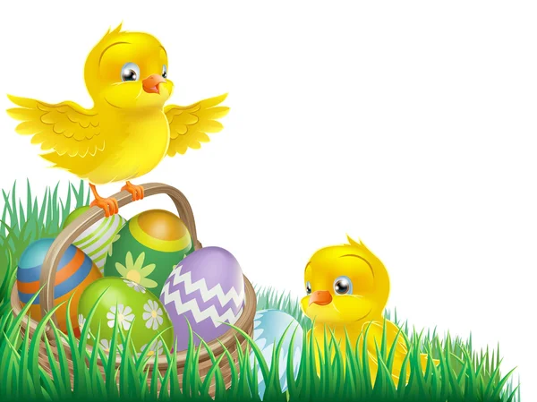 Easter chicks and egg basket — Stock Vector