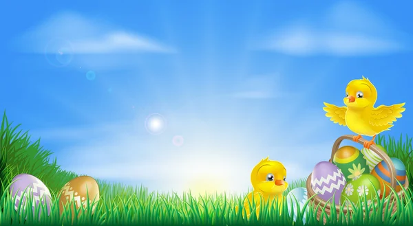 黄色复活节小鸡和鸡蛋背景 — 图库矢量图片