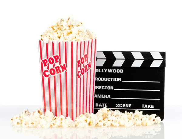 Popcorn box with clapper board — Stock Photo, Image