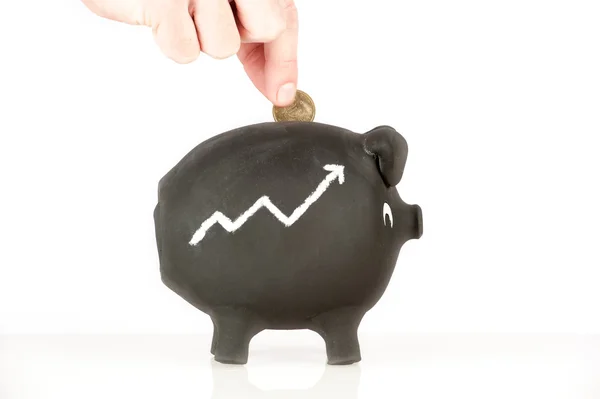 Hand putting money on a piggy bank — Stock Photo, Image