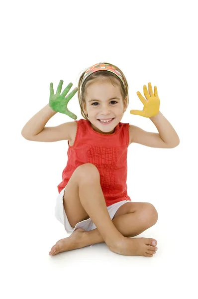 Meisje met haar handen geschilderd — Stockfoto