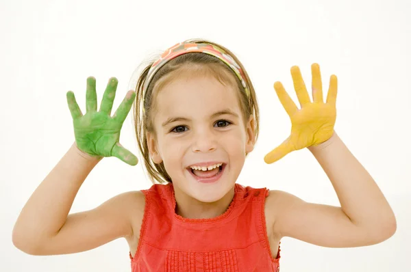 Meisje met haar handen geschilderd — Stockfoto