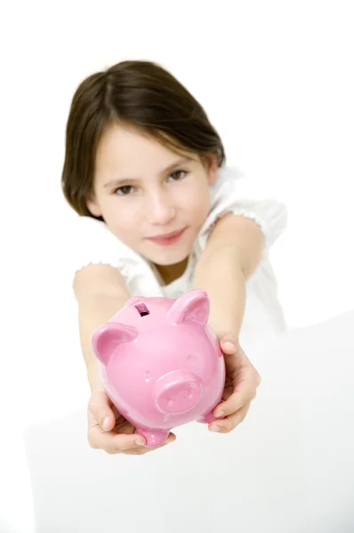 Young girl with piggy bank — Stock Photo, Image
