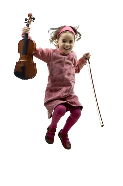 Маленькая девочка со скрипкой прыгает — стоковое фото