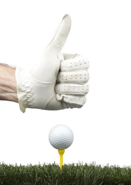 Игрок, жестикулирующий с мячом для гольфа в тройке — стоковое фото