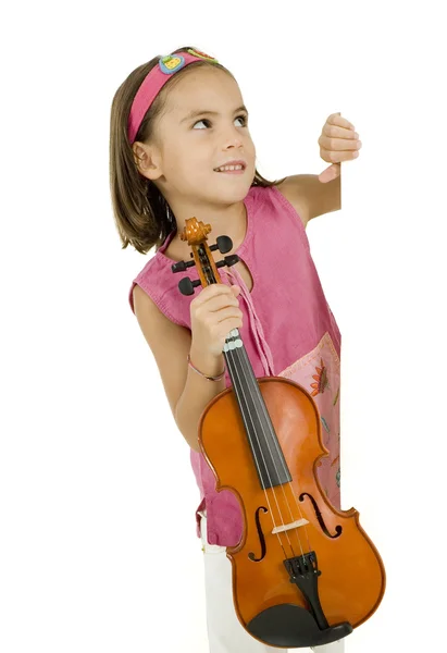 Bambina con violino su uno striscione bianco — Foto Stock