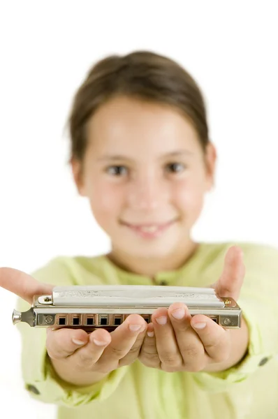 Young girl with harmonica — Stock Photo, Image