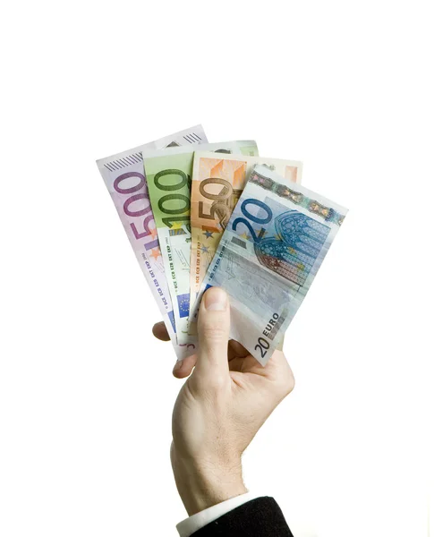 Affärsman handen håller euron räkningar — Stockfoto