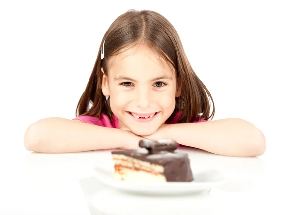Petite fille avec gâteau au chocolat — Photo