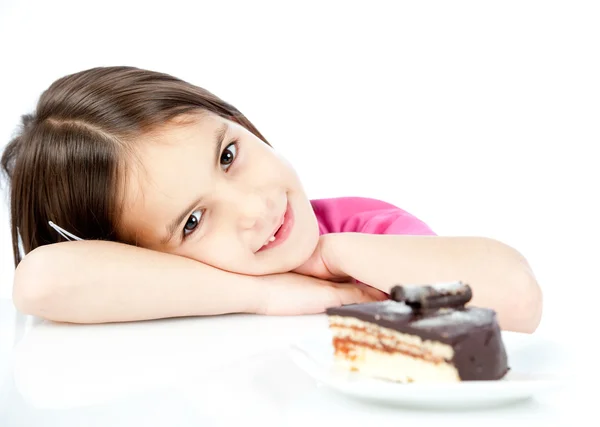 巧克力蛋糕的小女孩 — 图库照片