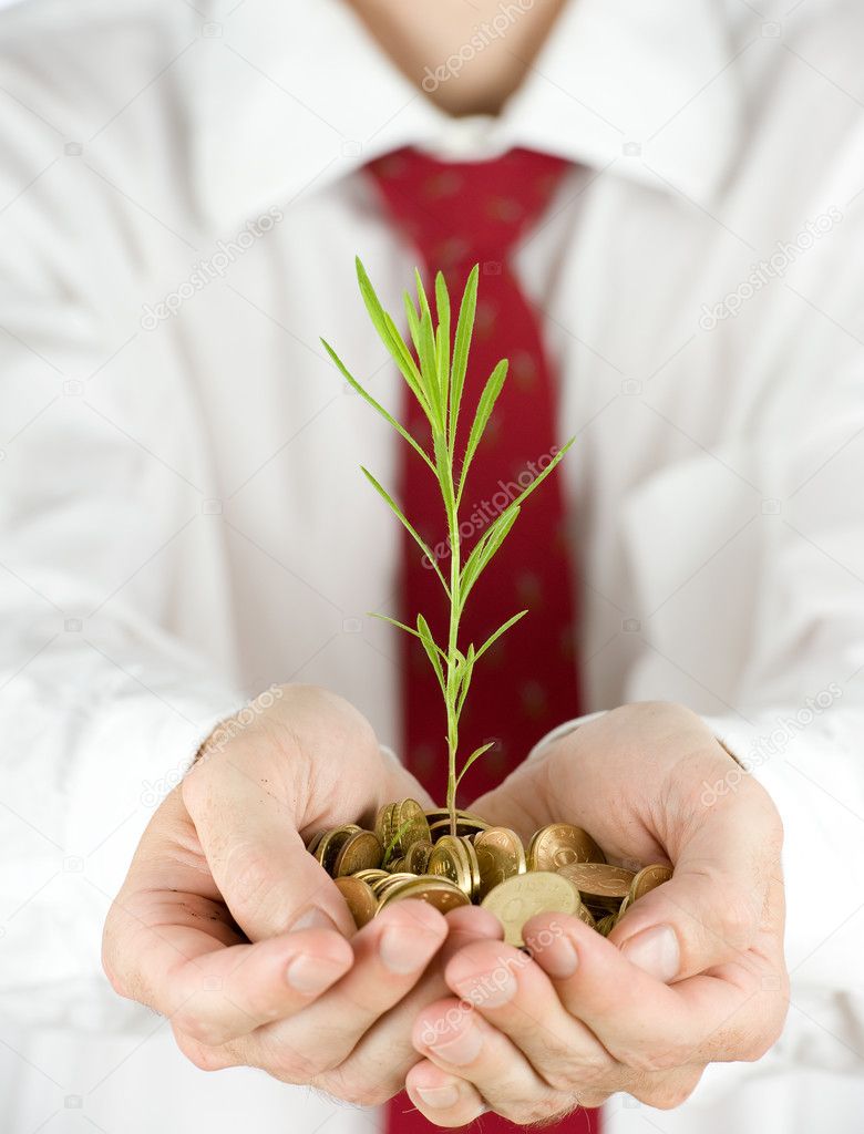 Businessman holding a plant